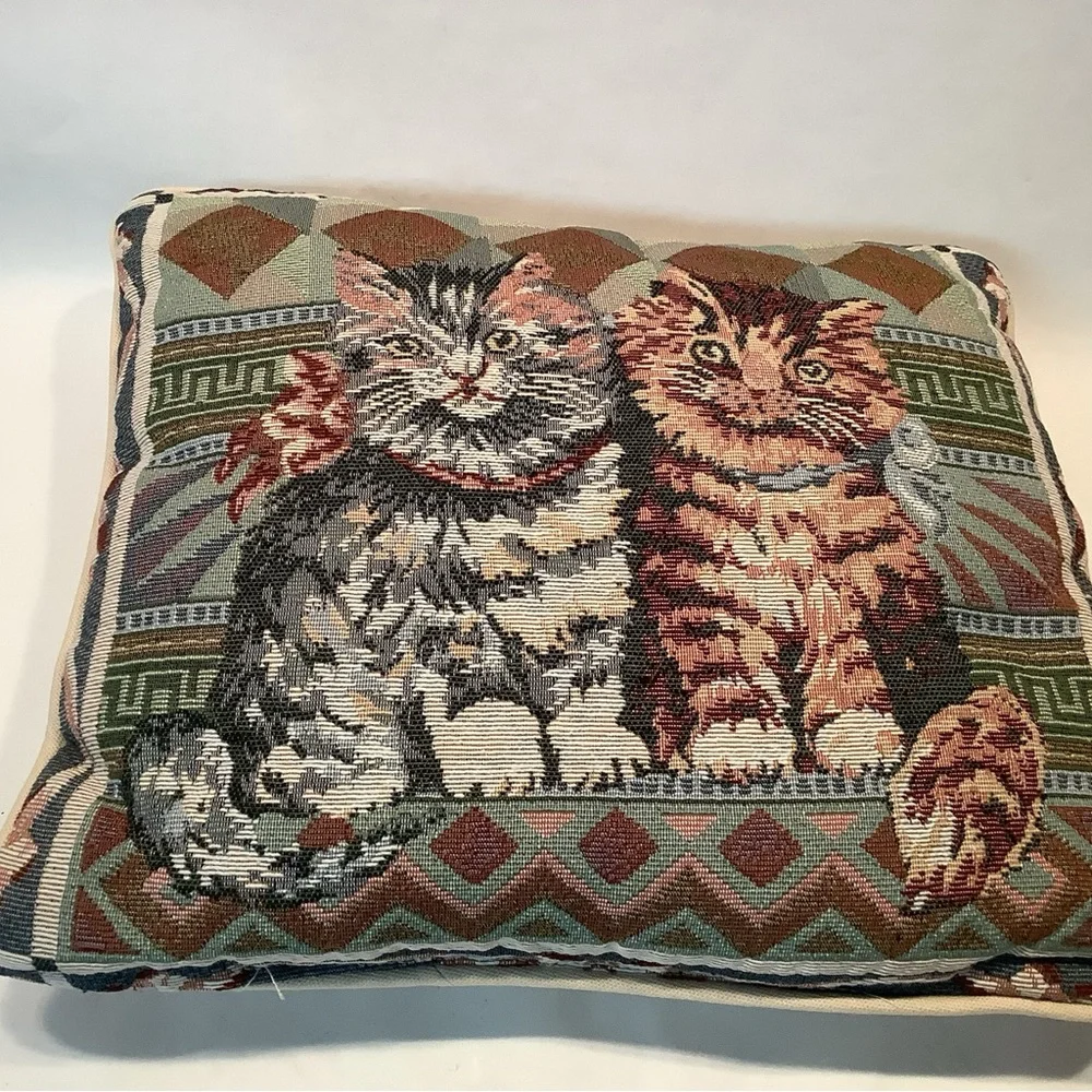 Cat Kitten Pillow Geometric Background Cross Stitch Teal Tan Peach 12